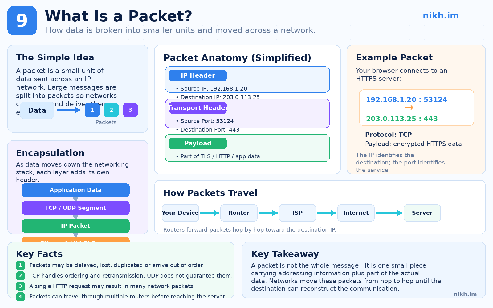 Network packet infographic showing headers, payload, encapsulation, packet anatomy, and travel through routers.
