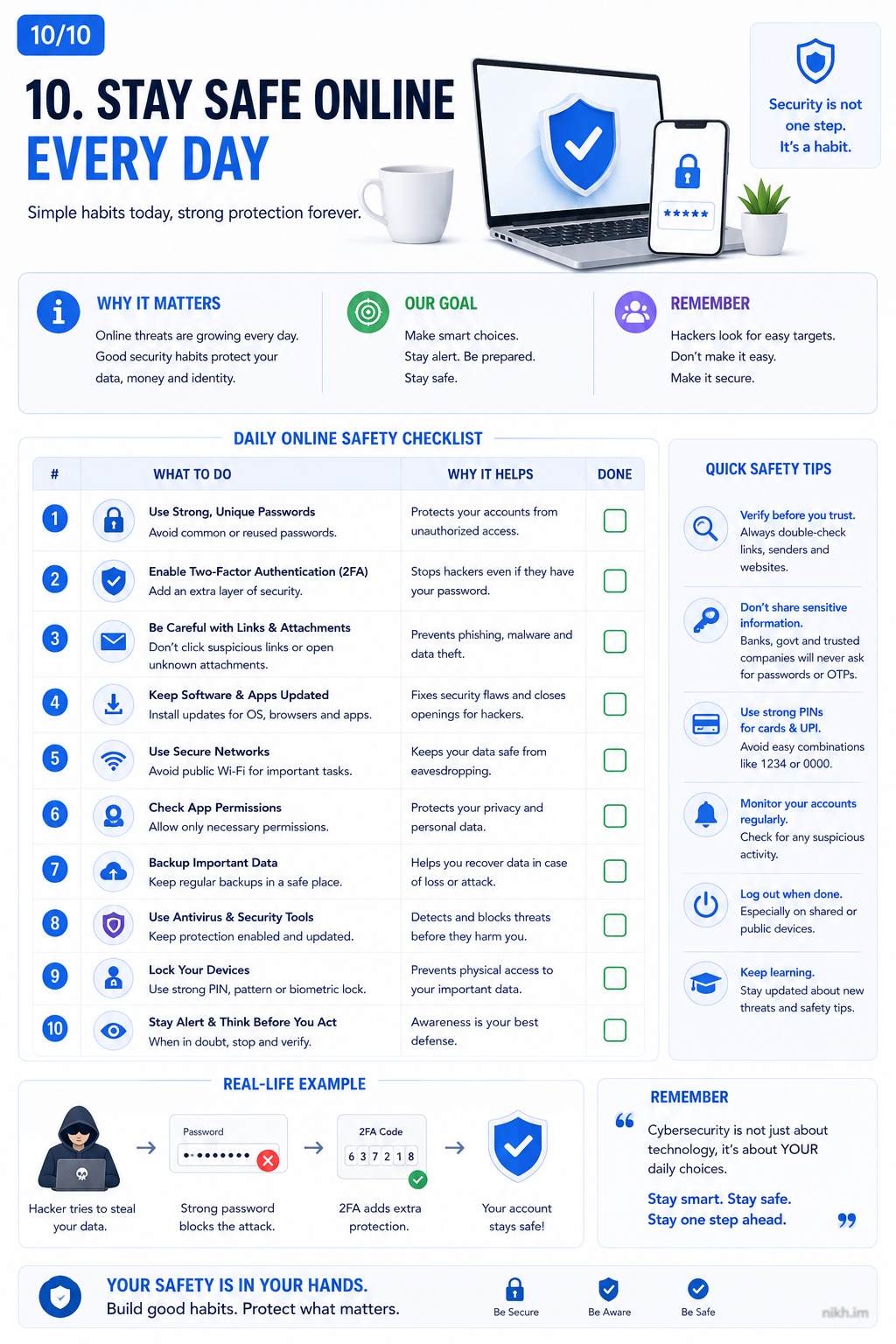 Diagram showing a 30-second security checklist before clicking, paying, logging in, or installing something.